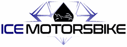 Logo stylisé pour ICE MOTORBIKE, avec un contour de moto centré sous des formes géométriques bleues et violettes sur fond noir.
