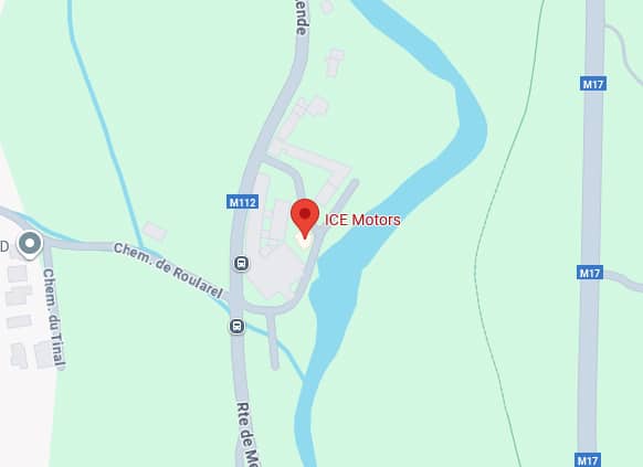 Localisation ICE Motors : accès M112 et M17 Carte montrant l'emplacement de ICE Motors près du Chem. de Roularel, M112 et de la rivière, à côté de l'autoroute M17.