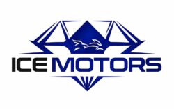 Logo ICE MOTORS bleu et noir avec silhouette de moto stylisée dans une structure géométrique diamant.